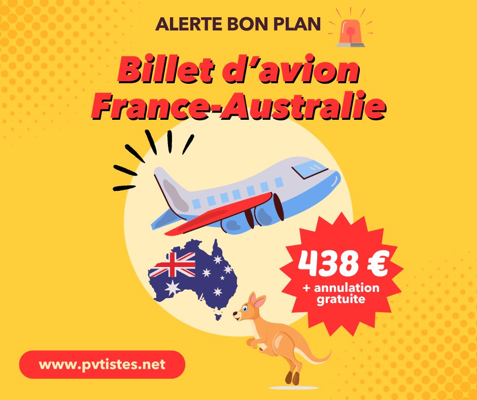 pvtistes's tweet photo. 🚨 INCROYABLE ! Partez en #Australie pour seulement 438 € + annulation OFFERTE ! ✈️

Notre agence de voyage propose un billet d’#avion de la France vers Sydney ou Melbourne pour les #pvtistes et #étudiants (18-36 ans) à partir de 438 € 🔥

👉 https://t.co/GfloLEiZwH

#BonPlan https://t.co/Vz2wvuxQyW