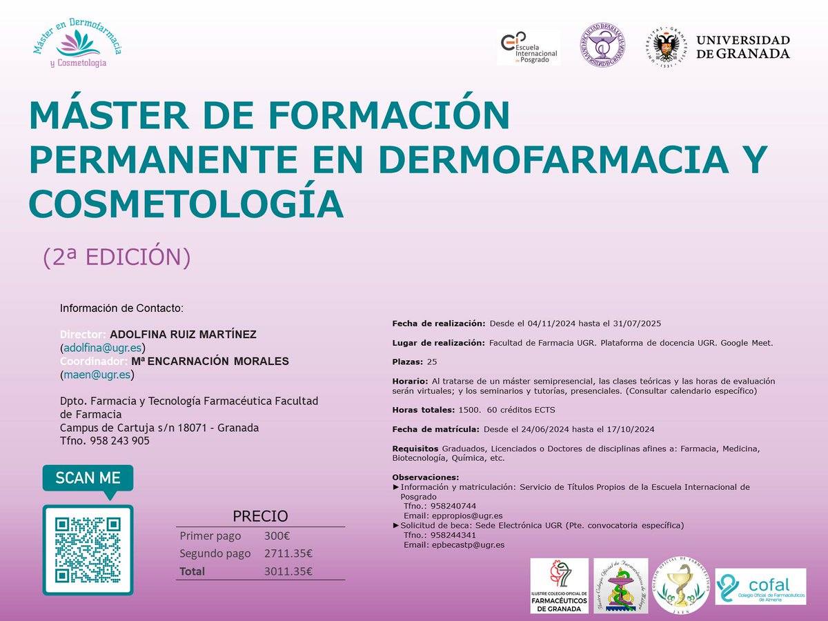 #FFarmaciaUGR 📢🔛 <a href="/DEFFarmacia_/">Delegación Farmacia UGR</a> Tras el éxito en su lanzamiento en el curso 2023-24, ya en marcha la 2ª edición del Máster en Formación Permanente en Dermofarmacia y Cosmetología (semi-presencial)