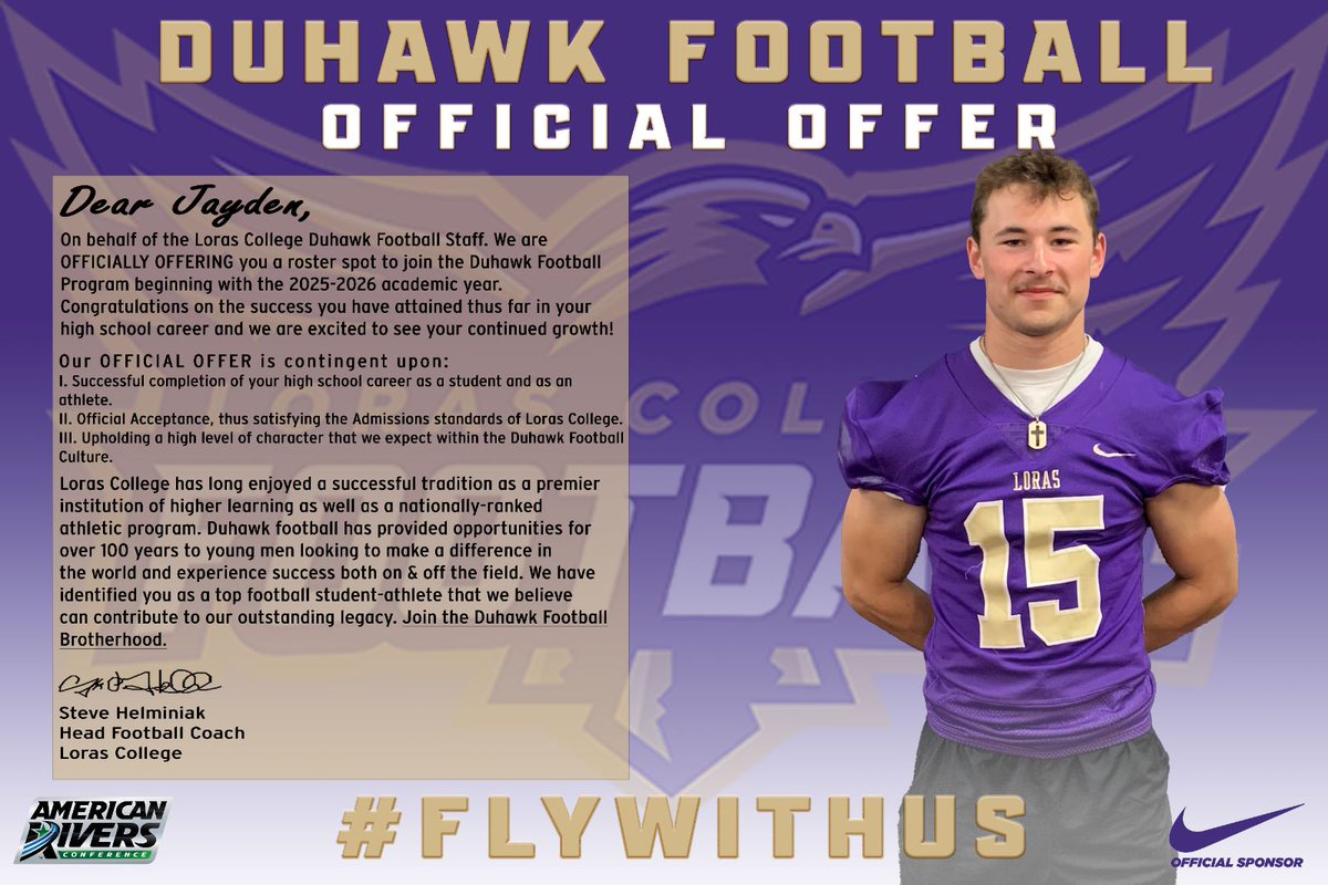 Jayden Weinzetl (@jaydenweinzetl) on Twitter photo I am very excited to announce I have received another offer to play at the next level! Thank you <a href="/CoachHLorasFB/">Steve Helminiak</a> for the opportunity!! <a href="/LorasCollegeFB/">Loras Football</a> <a href="/FBCoachBlaze/">Coach Blaze</a> <a href="/CoachGBower/">Greg Bower</a> <a href="/CoachHipp34/">Cody Hipp</a> <a href="/FootballCoachO/">Coach Jake Olsen</a> I am very excited to announce I have received another offer to play at the next level! Thank you <a href="/CoachHLorasFB/">Steve Helminiak</a> for the opportunity!! <a href="/LorasCollegeFB/">Loras Football</a> <a href="/FBCoachBlaze/">Coach Blaze</a> <a href="/CoachGBower/">Greg Bower</a> <a href="/CoachHipp34/">Cody Hipp</a> <a href="/FootballCoachO/">Coach Jake Olsen</a>