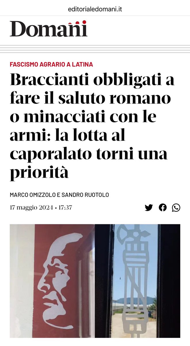 Nella campagna di Latina, lavoratori stranieri obbligati ad abbassare il capo o fare il saluto romano davanti all’immagine di Mussolini, per “insegnargli che in Italia comandano gli italiani e che il fascismo è la fede politica dei padroni”
meloni non dirà una parola: è roba sua.