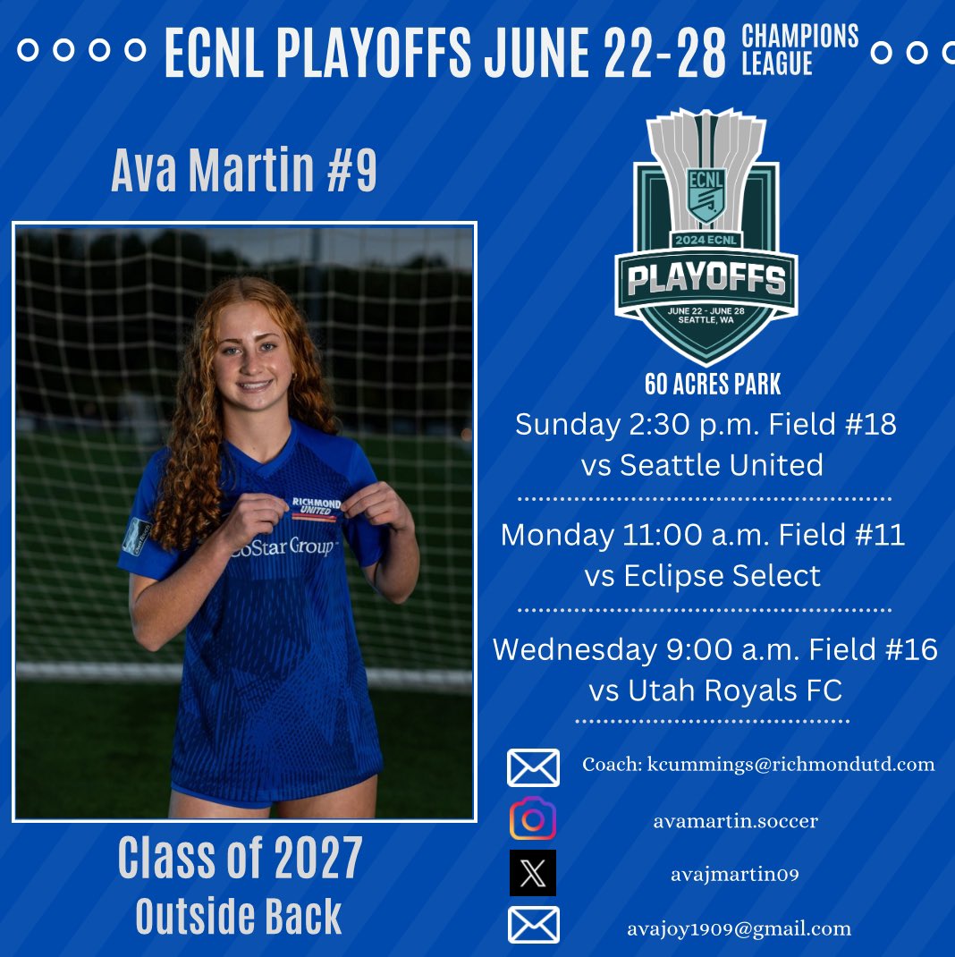 Ava Martin (AJ) (@avajmartin09) on Twitter photo So excited to play top competition at ECNL playoffs in Seattle!! Here’s our schedule ⬇️
#ecnlgirls #richmondunited
<a href="/ImYouthSoccer/">ECNL/GA/Recruiting/College Soccer</a> <a href="/TopDrawerSoccer/">TopDrawerSoccer</a> <a href="/TheSoccerWire/">SoccerWire</a> <a href="/PrepSoccer/">Prep Soccer ⚽️</a> <a href="/sambbohon/">Samantha Bohon</a> <a href="/adamgodwin/">Adam Godwin 🐊⚽️</a> <a href="/Coach_DKopp/">Drew Kopp</a> <a href="/C__McBeath/">Christine McBeath</a> <a href="/JoshWaltersSr/">Joshua S.Walters, Sr</a> So excited to play top competition at ECNL playoffs in Seattle!! Here’s our schedule ⬇️
#ecnlgirls #richmondunited
<a href="/ImYouthSoccer/">ECNL/GA/Recruiting/College Soccer</a> <a href="/TopDrawerSoccer/">TopDrawerSoccer</a> <a href="/TheSoccerWire/">SoccerWire</a> <a href="/PrepSoccer/">Prep Soccer ⚽️</a> <a href="/sambbohon/">Samantha Bohon</a> <a href="/adamgodwin/">Adam Godwin 🐊⚽️</a> <a href="/Coach_DKopp/">Drew Kopp</a> <a href="/C__McBeath/">Christine McBeath</a> <a href="/JoshWaltersSr/">Joshua S.Walters, Sr</a>