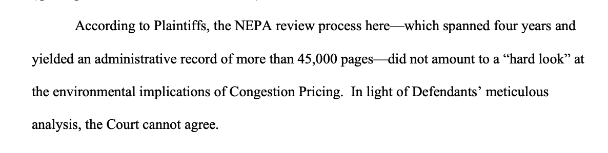 the_transit_guy's tweet photo. All three cases against congestion pricing by NYC council members, Staten Island Borough President, and the UFT were struck down today by a federal judge. The plaintiffs argued that "45,000 pages" did not amount to a "hard look" at congestion pricing, the court disagreed. https://t.co/GdjXep8AJj