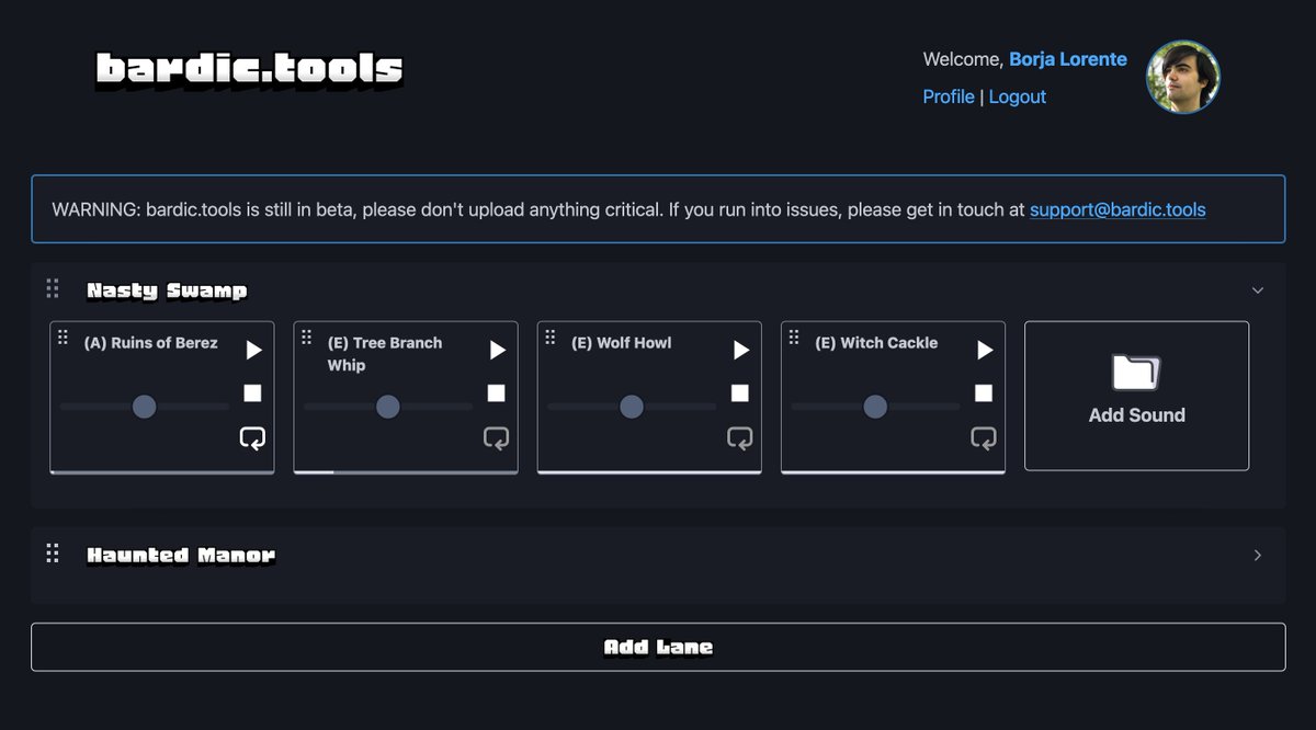 Bardic Tools (@bardictools) on Twitter photo This is bardic.tools, the most flexible soundboard for TTRPGs!
The goal? Empower GMs to create deeply immersive soundscapes without taking the attention off the game.
May have some Vouchers of Dispel Paywall brewing for <a href="/FreeRPGDay/">Free RPG Day 🎲 June 21, 2025</a>👀
#ttrpg #dungeonsanddragons #rpg This is bardic.tools, the most flexible soundboard for TTRPGs!
The goal? Empower GMs to create deeply immersive soundscapes without taking the attention off the game.
May have some Vouchers of Dispel Paywall brewing for <a href="/FreeRPGDay/">Free RPG Day 🎲 June 21, 2025</a>👀
#ttrpg #dungeonsanddragons #rpg