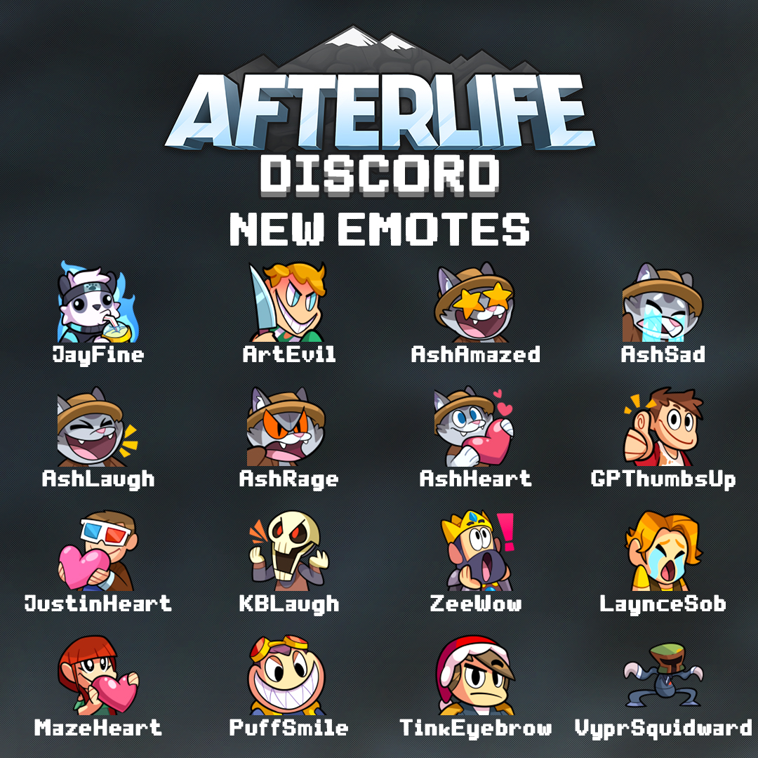 When you are on Discord, do you ever like to use emojis like ❤️😈🤨😭🤩?

Hopefully the answer is yes, because we have 16 new emotes on our Discord courtesy of @BrayanMenchuArt!

😍 So join today so you can begin using our lovely new emotes at discord.afterlifesmp.com