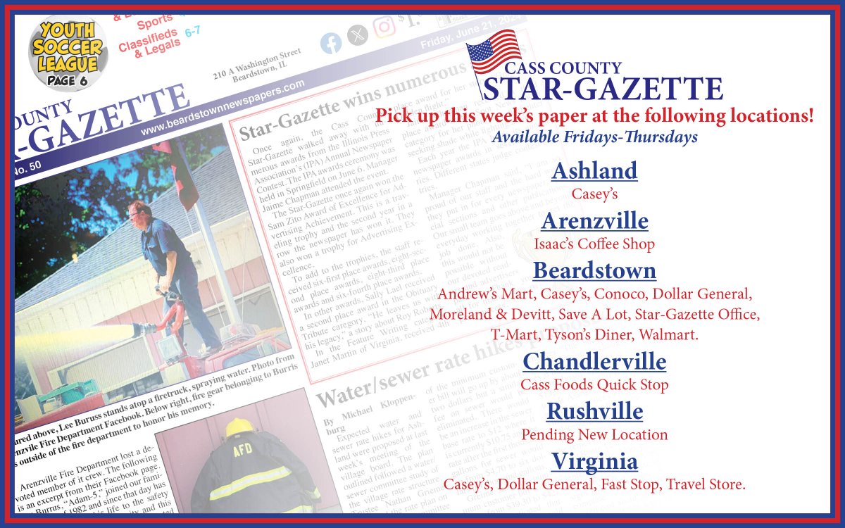 Paper is out!
You can grab a copy from any of the locations
listed in the image below. Subscribe to our paper online at beardstownnewspapers.com and you will get access
to read the paper digitally at 6 p.m. on Thursdays!