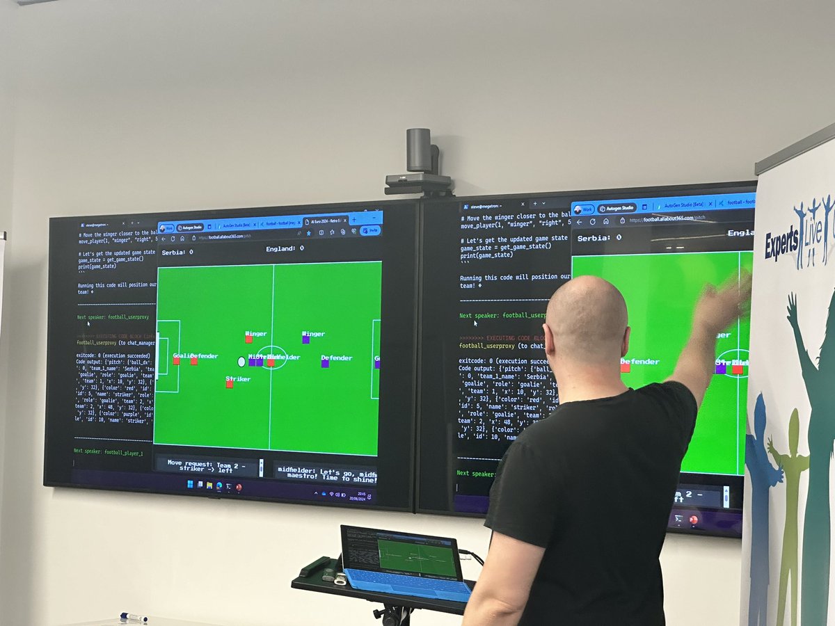 How do you educate people about Agents in AutoGen when the Euros are on? Obviously by building football player agents. Great way to get people thinking about the power of agents from <a href="/stevegoodman/">Steve Goodman</a> at the first <a href="/ExpertsLiveUK/">Experts Live UK</a> user group tonight