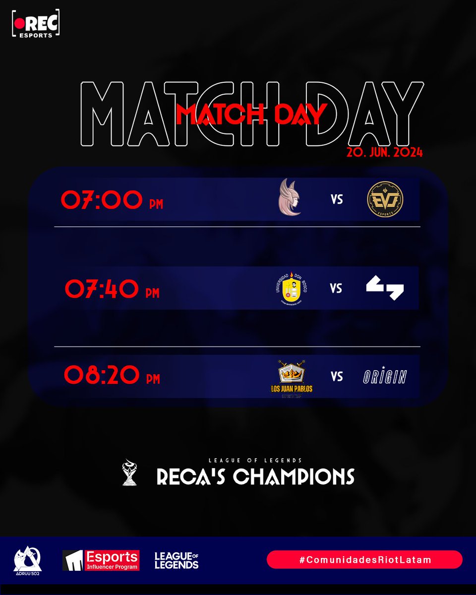 🏆☄️ Reca's Champions ☄️🏆
Hoy es la última oportunidad para entrar a play offs .
Acompáñanos en la última jornada de fase de grupos y descubre ¡quiénes son los 16 equipos que pasan directamente a  play offs!

#Comunidadesriotlatam
#EIP
#Recasaquero