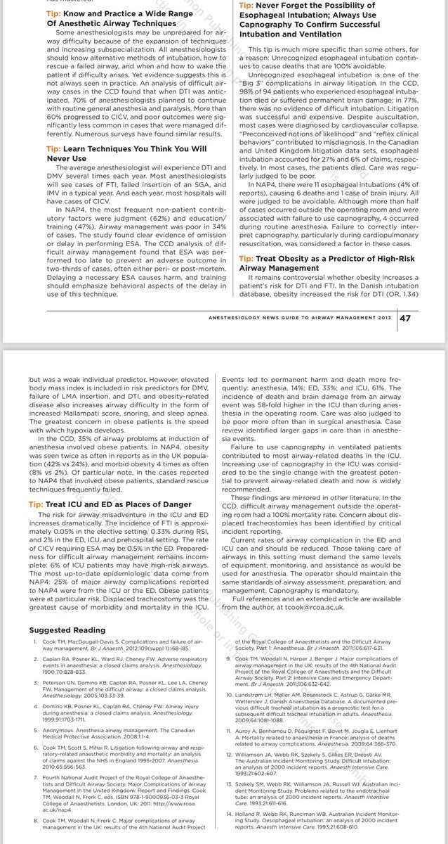Tim’s top tips for airway management 
2013 to 2024 a 🧵 

Was asked to discuss some top tips at <a href="/GAMCLondon/">GAMC 2025</a> 
Let’s start in 2013

Was asked to write a paper on this for Anesthesiology News in 2013

I leant heavily on NAP4

Sadly no link to the article but you should be able to