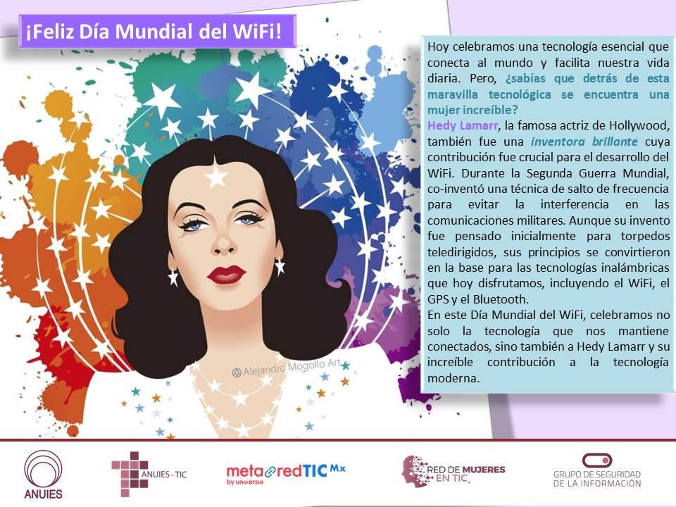 ¡Día Mundial del WiFi! 
Hoy celebramos una tecnología esencial que conecta al mundo y facilita nuestra vida diaria. Pero, ¿sabías que detrás de esta maravilla tecnológica se encuentra una mujer increíble?
#DíaMundialDelWiFi #HedyLamarr #Tecnología #Conectividad #WiFi #MujeresTIC