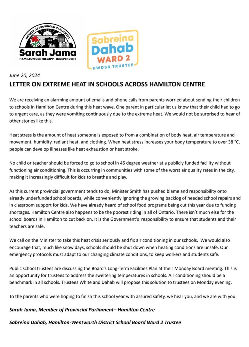 sabreina_dahab's tweet image. I’ve received many emails re: extreme heat in schools. Please read this statement below in collaboration with MPP @SarahJama_.

During Monday nights board meeting, we will be discussing the Board’s Long-Term Facilities Plan. 

🧵1/3

#onted