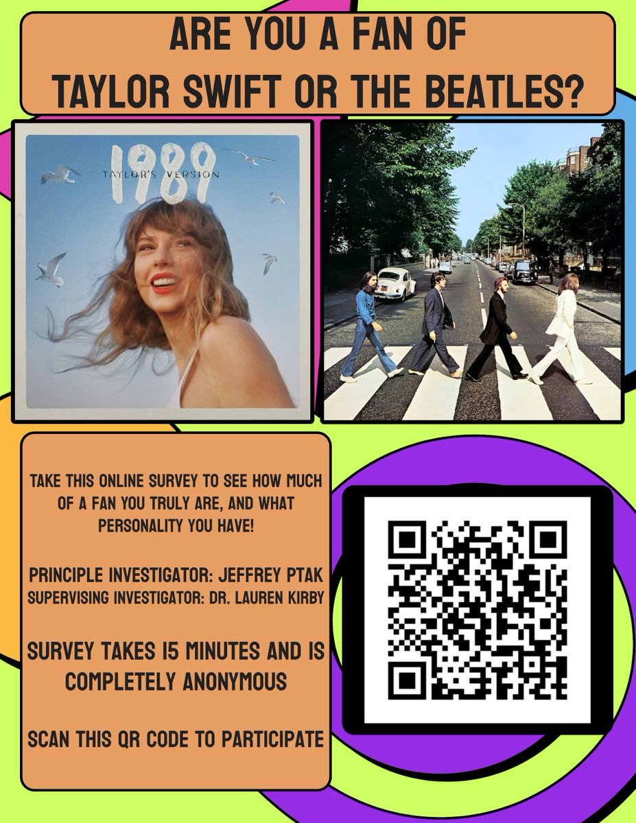 Love Taylor Swift or the Beatles? Take a 15-minute anonymous survey to learn about your fandom and personality! Conducted by Dr. Jeffrey Ptak and Dr. Lauren Kirby. Participate here: uttyler.az1.qualtrics.com/jfe/form/SV_8C…