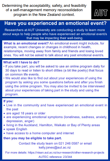 NISAN (@autnisan) on Twitter photo Have you experienced an emotional event, such as changes in health or losing a loved one? If so, we invite you to help us learn more about ways to help. Register your interest by emailing kelly.jones@aut.ac.nz or phone 021 246 0587 (AUTEC Reference number 23/344). Have you experienced an emotional event, such as changes in health or losing a loved one? If so, we invite you to help us learn more about ways to help. Register your interest by emailing kelly.jones@aut.ac.nz or phone 021 246 0587 (AUTEC Reference number 23/344).