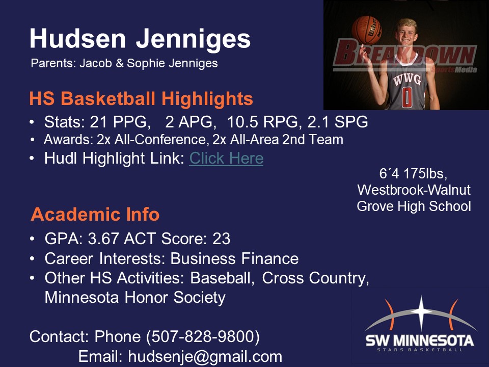 Hudsen Jenniges has been 4-year player in our program and development through years has been excellent.  Hudsen has length, skill, and athletic ability to be college hoopster.  He has ability to score in variety of ways and will continue to develop.
hudl.com/video/3/141450…
