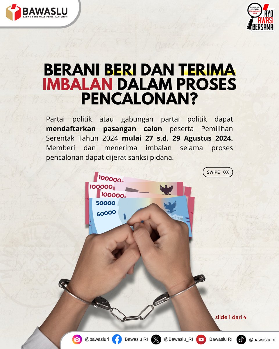 bawaslu_RI's tweet photo. Ternyata suap dalam pemilihan juga bisa terjadi pada pencalonan. Eits! Hati-hati, lo‼️baik pemberi maupun penerima imbalan dalam proses pencalonan bisa dipidana. Ini Awasmin jelaskan untuk #SahabatBawaslu
#AyoAwasiBersama 
#Pemilihan2024 https://t.co/bD4xJI2ZZ7