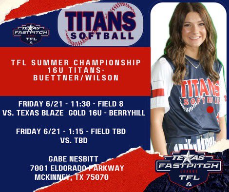 McKinley Mann (@mckinley_mann19) on Twitter photo Another exciting weekend on the dirt. Can’t wait to compete at the TFL Summer Championship. Fridays schedule is posted below. <a href="/UTAMavsSB/">UTA Softball</a> <a href="/Patriot_sb/">Patriot Softball</a> <a href="/UTD_Softball/">UTD Softball</a> <a href="/UCOSoftball/">UCOSoftball</a> <a href="/coach_rhode/">Rachel Rhode</a> <a href="/SNUSoftball/">SNU Softball</a> <a href="/McLennan_SB/">McLennan Softball</a> <a href="/OCeaglesSB/">OC Softball</a> <a href="/SWOSUSoftball/">SWOSU Softball</a> <a href="/UCASoftball/">UCA Softball</a> <a href="/dtitanssoftball/">titanssoftball</a> Another exciting weekend on the dirt. Can’t wait to compete at the TFL Summer Championship. Fridays schedule is posted below. <a href="/UTAMavsSB/">UTA Softball</a> <a href="/Patriot_sb/">Patriot Softball</a> <a href="/UTD_Softball/">UTD Softball</a> <a href="/UCOSoftball/">UCOSoftball</a> <a href="/coach_rhode/">Rachel Rhode</a> <a href="/SNUSoftball/">SNU Softball</a> <a href="/McLennan_SB/">McLennan Softball</a> <a href="/OCeaglesSB/">OC Softball</a> <a href="/SWOSUSoftball/">SWOSU Softball</a> <a href="/UCASoftball/">UCA Softball</a> <a href="/dtitanssoftball/">titanssoftball</a>