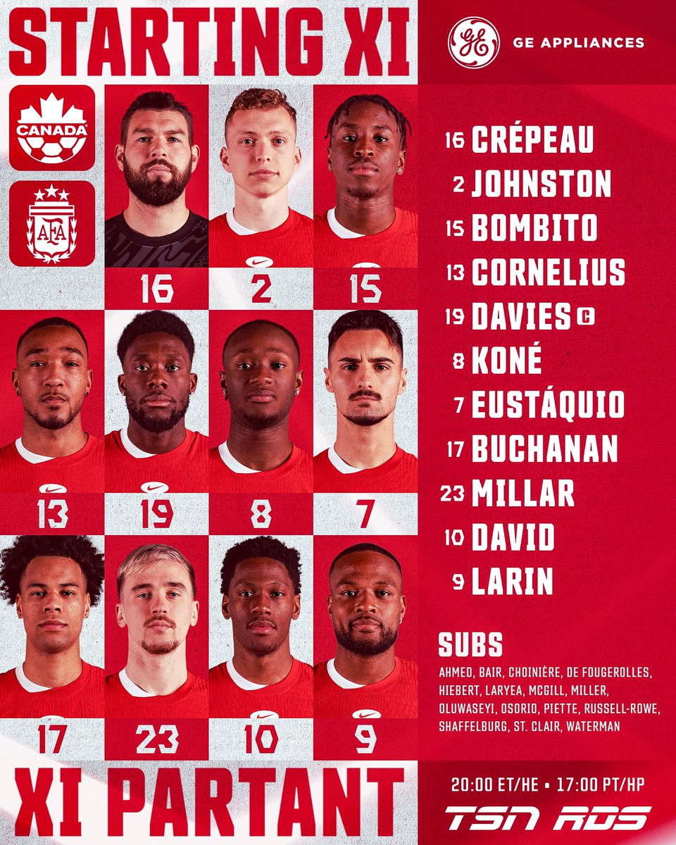 Our FIRST XI in our FIRST Copa América match, 
presented by <a href="/GE_Appliances/">GE Appliances</a>

Let’s have some fun🤩

#CANMNT #NoFearAllFight

——

Notre PREMIER XI pour notre PREMIER match à la Copa América,
présenté par <a href="/GE_Appliances/">GE Appliances</a>

Amusons-nous 🤩

#CANMNT #SansPeurAvecCourage
