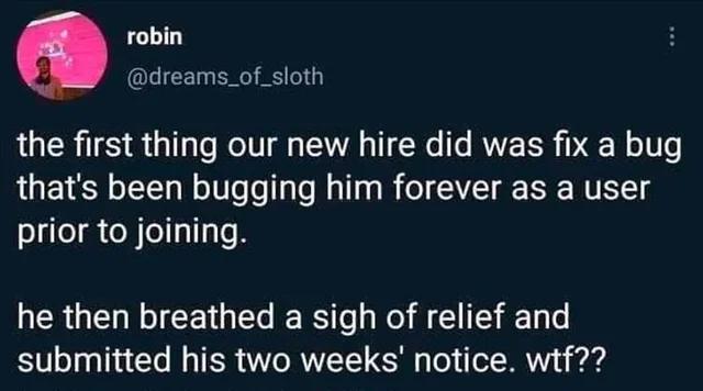 <a href="/marklg/">Mark Greenberg</a> Reminds me of this. 

Ergo dev gets hired
Integrates Ergo in 2 days with testing
Quits