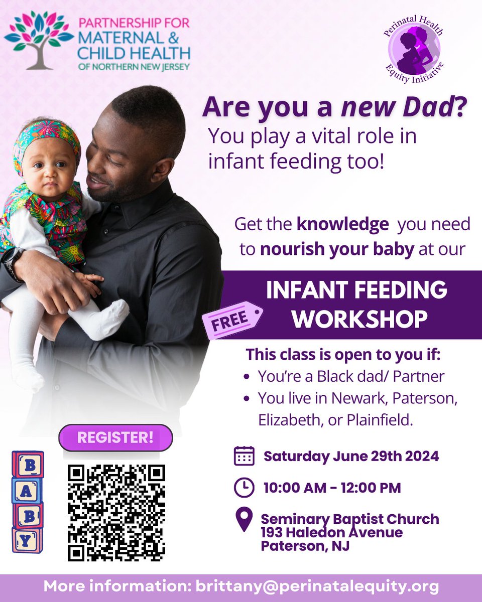 EquityPerinatal's tweet photo. We want to let 🫵🏽 know that we are hosting an infant feeding workshop for our men/partners with our brothers from @melanteddaddy on 

🟣 Saturday June 29th 2024 from 

🟣 10:00am - 12:00pm 

🟣 at Seminary Baptist Church

Registration 🔗: https://t.co/SDzaCEoABb https://t.co/LXZ6jbD4j5