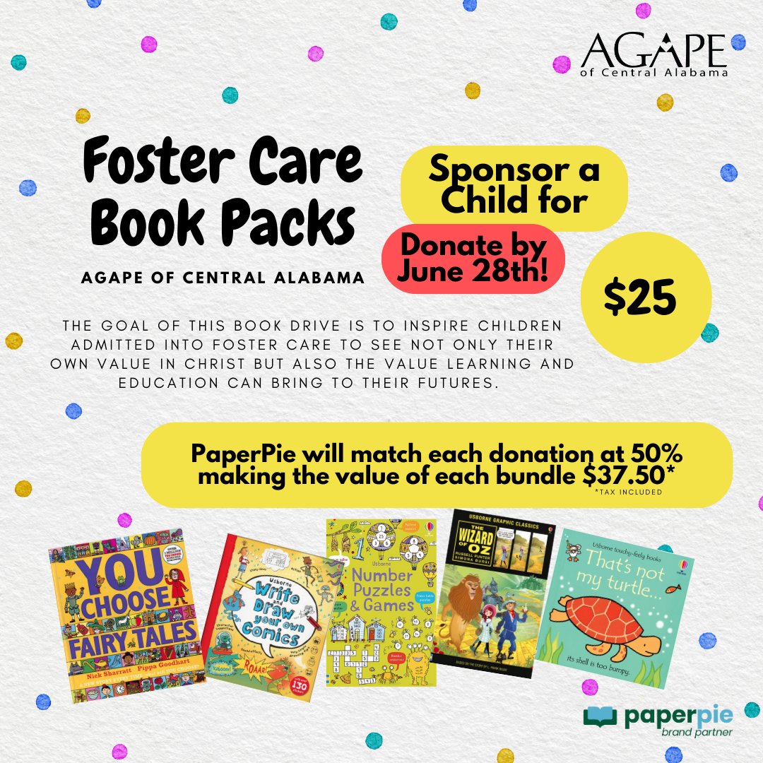 Agape4children's tweet photo. PaperPie is partnering with Agape this month for a book drive! The goal is to inspire children admitted into foster care to see their own value in Christ and the value learning and education can bring to their futures!  For more information please visit https://t.co/cB9MQFPYxi https://t.co/fXoIfWsGNe