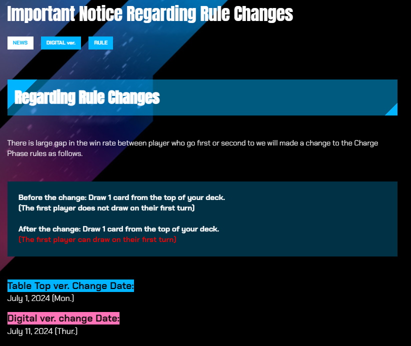 dbfw_cardgameEN's tweet photo. [Important Notice]
Thank you for your support of the Dragon Ball Super Card Game. Please check below for the latest updates on the game.

Important Notice Regarding 
①Rule Changes: 
https://t.co/msdY96WgdV

②Banned/Restricted Cards
https://t.co/EbnaalLTeB

#dbfw
#fusionworld
#dbscardgame