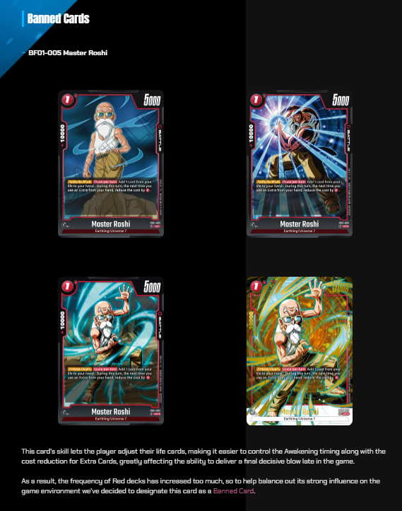 dbfw_cardgameEN's tweet photo. [Important Notice]
Thank you for your support of the Dragon Ball Super Card Game. Please check below for the latest updates on the game.

Important Notice Regarding 
①Rule Changes: 
https://t.co/msdY96WgdV

②Banned/Restricted Cards
https://t.co/EbnaalLTeB

#dbfw
#fusionworld
#dbscardgame