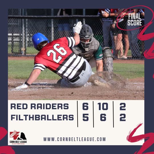 The Red Raiders relief pitchers hold off the Black Sox to win 6-5. 

FINAL
Red Raiders 6
Black Sox 5

Trevor Storer 2.2IP, 0R, 0H, 3K, 1BB
Alex Draper 2-3 1RBI, 2R, 1BB
Blake Peabody 2-3 1RBI
Dylan Brisbois 1-3 2B, 2RBI