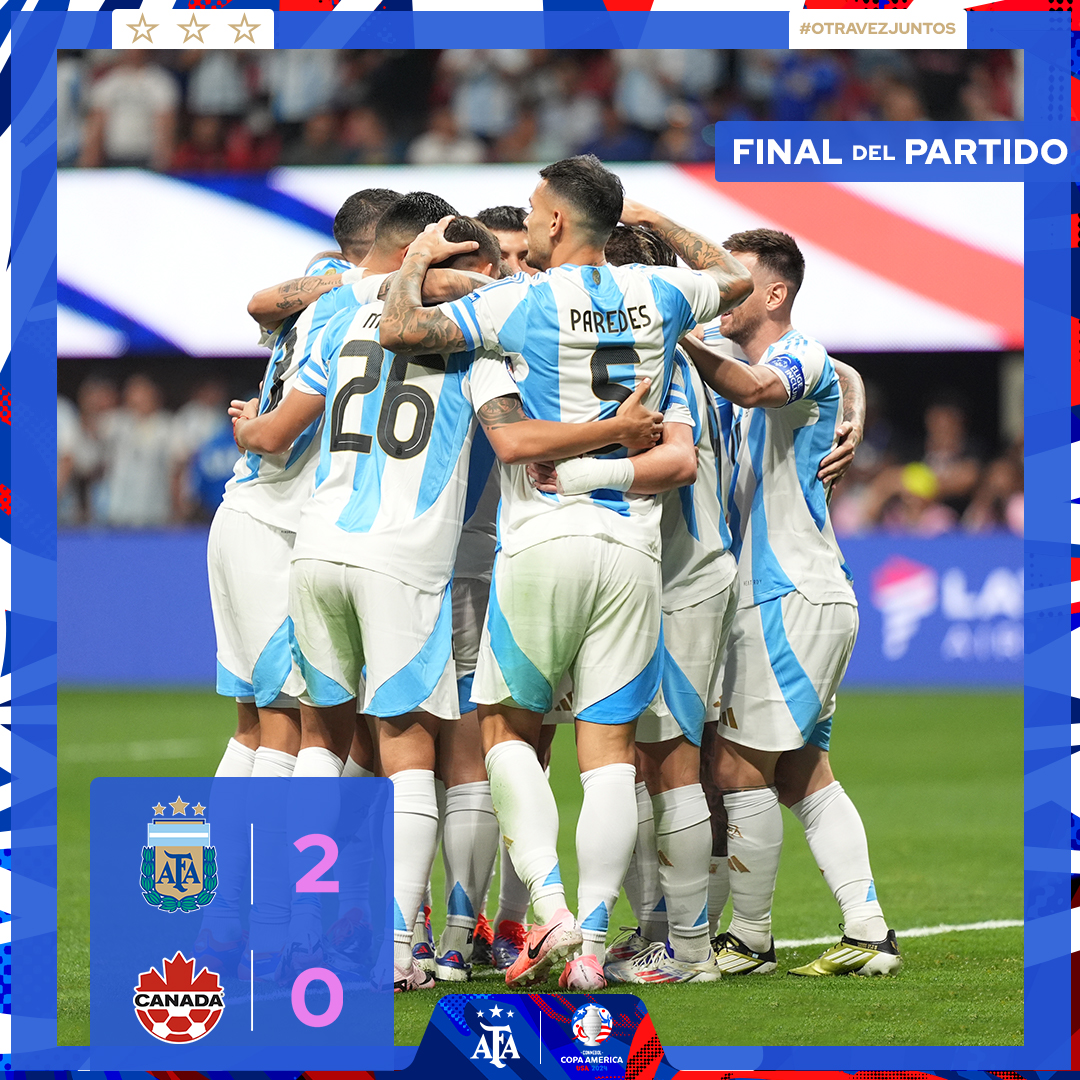 🏆 #CopaAmérica

⚽ <a href="/Argentina/">🇦🇷 Selección Argentina ⭐⭐⭐</a> 🇦🇷 2 (Julián Álvarez y Lautaro Martínez) 🆚 #Canadá 🇨🇦 0

👉 ¡Final del partido!

🔜 El elenco comandado por Lionel #Scaloni se enfrentará a #Chile 🇨🇱 el próximo martes.