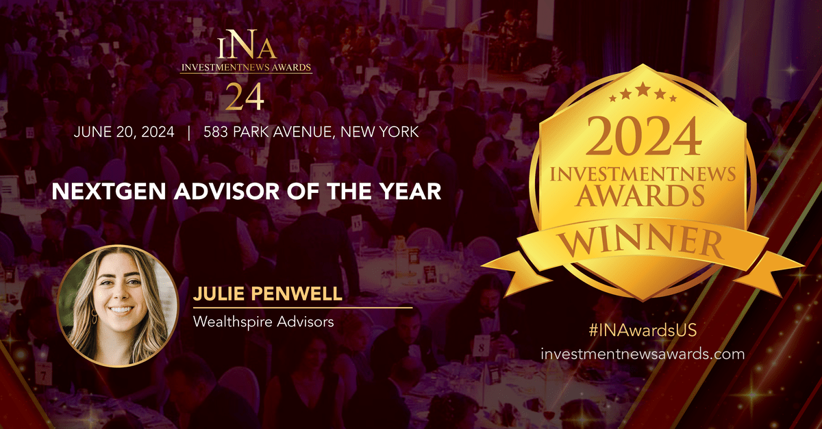 investmentnews's tweet photo. ๐ Hats off to Julie Penwell of Wealthspire Advisors for winning NextGen Advisor of the Year at the InvestmentNews Awards 2024!
Learn more about the award here: https://t.co/B8TAgrsXbH
#INAwardsUS #NextGenAdvisor #JuliePenwell #WealthspireAdvisors https://t.co/hf2Pk3aMcm
