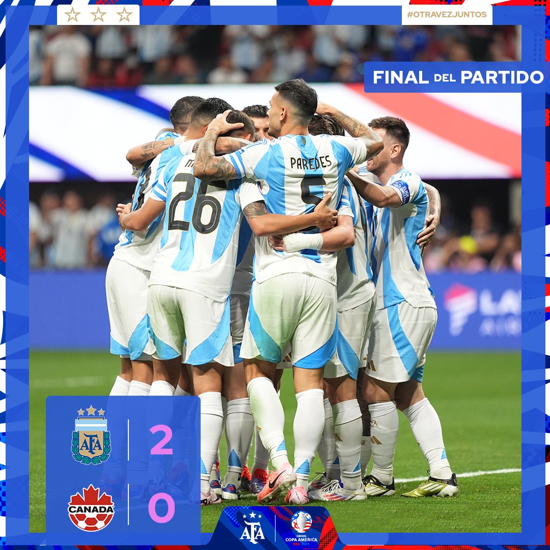 🏆 #CopaAmérica

⚽ <a href="/Argentina/">🇦🇷 Selección Argentina ⭐⭐⭐</a> 🇦🇷 2 (Julián Álvarez y Lautaro Martínez) 🆚 #Canadá 🇨🇦 0

👉 ¡Final del partido!