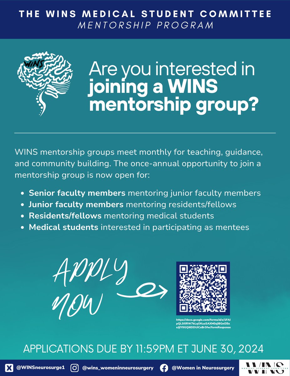 There is still time to apply for the WINS #mentorship program! 🌟 From senior faculty mentoring junior faculty to residents mentoring med students, our program offers invaluable guidance. Monthly discussion topics included! Apply by June 30, 2024.