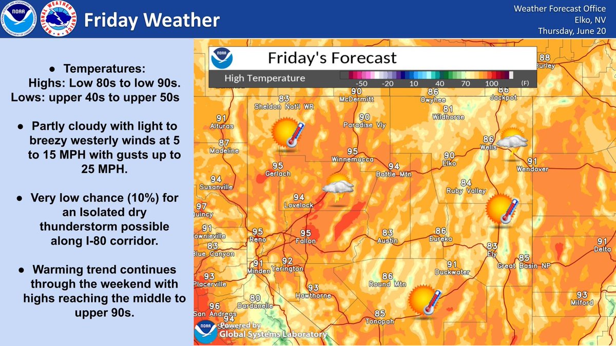 NWSElko's tweet image. The first official full day of Summer will be on point across the Silver State. Highs: low 80s to low 90s. The only cricket with the conditions will be a low 10% chance of a dry thunderstorm across the I-80 corridor Friday afternoon. #NVwx #thunderchripWx