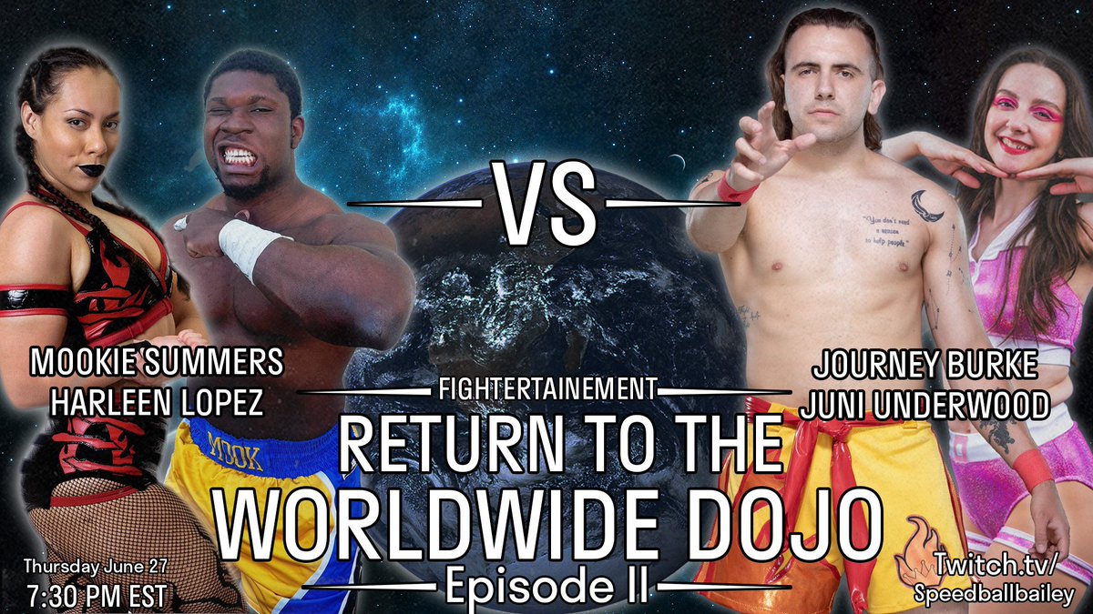 Speedball Mike Bailey (@speedballbailey) on Twitter photo 🌎 FIGHTERTAINMENT: RETURN TO THE WORLDWIDE DOJO 🌍
Match drop: Special Tag Team Banger Challenge! Juni and Journey take on Harleen and Mookie.
More to be announced soon #FESWorldwide
***DM <a href="/CheeseburgerROH/">Black Sabre Jr. 🍔</a> or myself for details and ticketing information** 🌎 FIGHTERTAINMENT: RETURN TO THE WORLDWIDE DOJO 🌍
Match drop: Special Tag Team Banger Challenge! Juni and Journey take on Harleen and Mookie.
More to be announced soon #FESWorldwide
***DM <a href="/CheeseburgerROH/">Black Sabre Jr. 🍔</a> or myself for details and ticketing information**