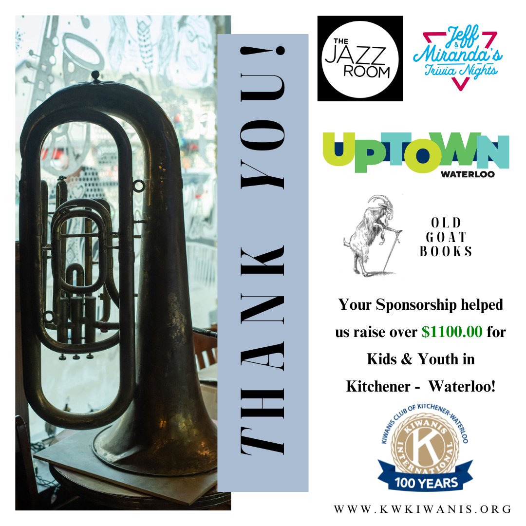 KiwanisKw's tweet photo. Thank you to our amazing prize sponsors @uptownwaterloo BIA & @oldgoatbooks. Thank you to our talented trivia hosts Jeff & Miranda Trivia Nights. Thank you to The Jazz Room for being amazing hosts! #KiwanisKW #YouthLeadership #MusicEducation #Music #Kiwanis #KW #KitWat #WatReg https://t.co/HbM7OitayD