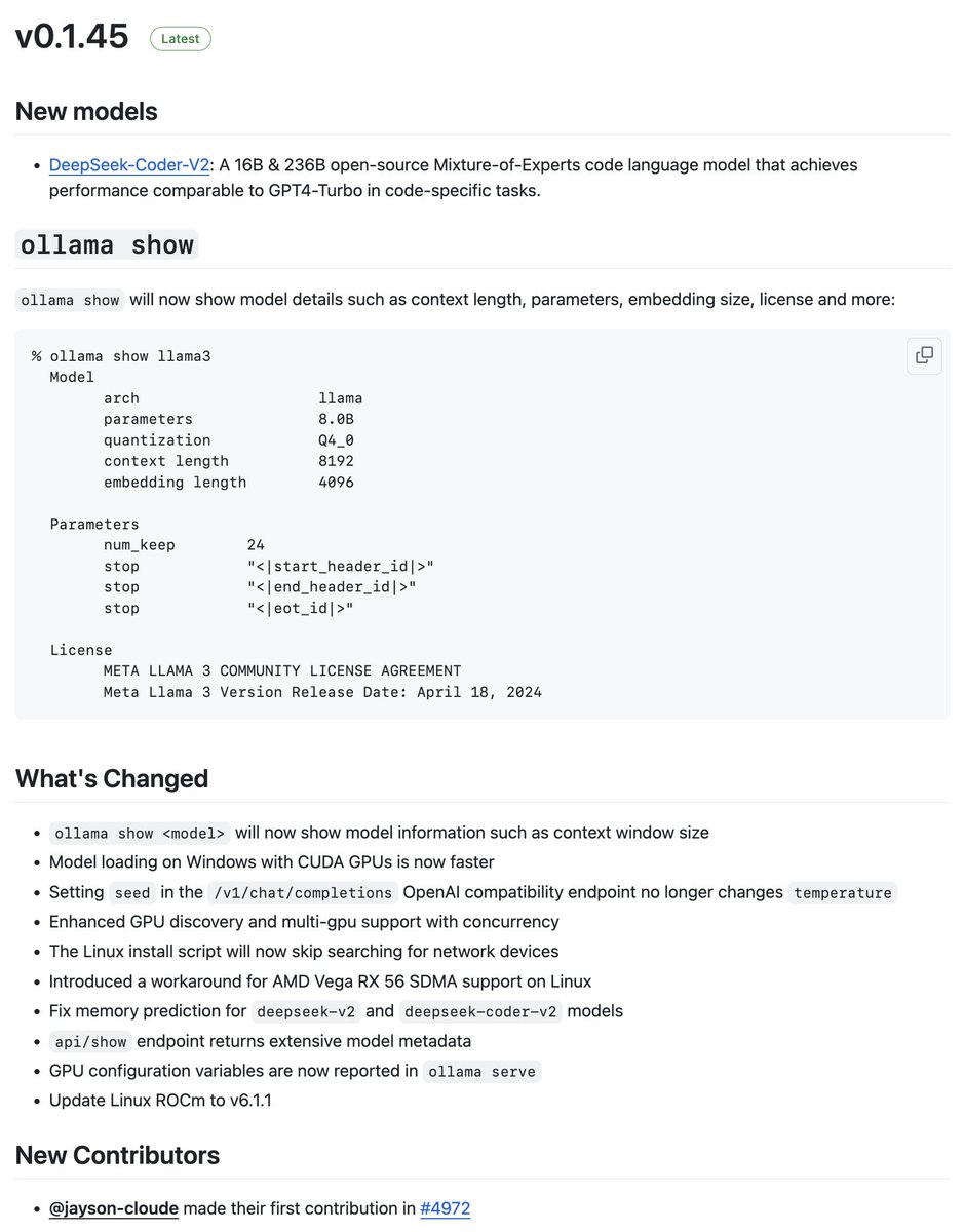 ollama's tweet image. Ollama v0.1.45 is here! 

We&apos;ve fixed DeepSeek-Coder-V2, if you have previously downloaded the model, you can update by pulling again. (only a small diff. will be downloaded). 

ollama show command is updated to be more intuitive! 

We continue to make Ollama more enjoyable to…