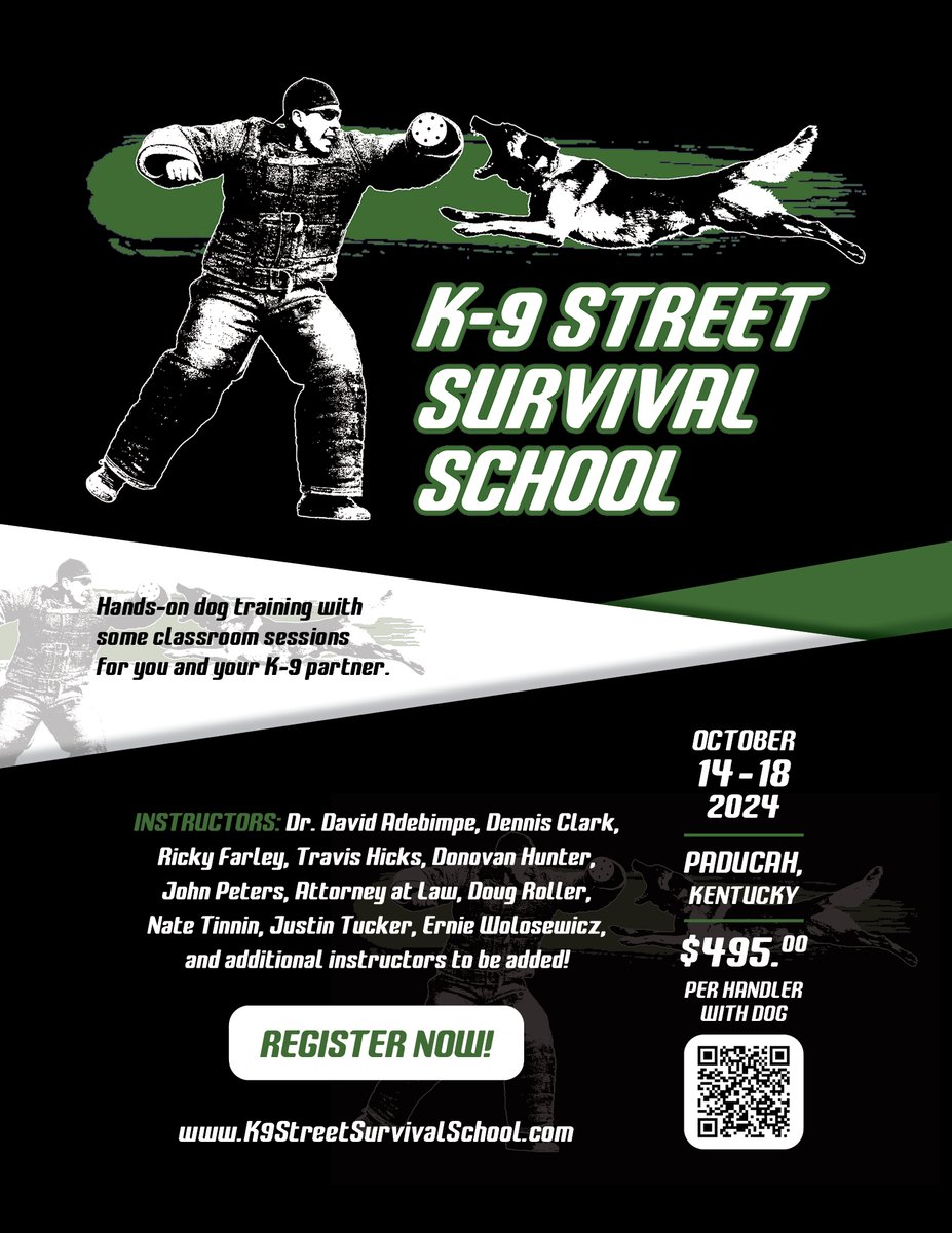 You are definitely going to want to bring your K-9 and yourself to this hands on K-9 training in Paducah, Kentucky October 14-18-2024
>>> Register today! k9streetsurvivalschool.com