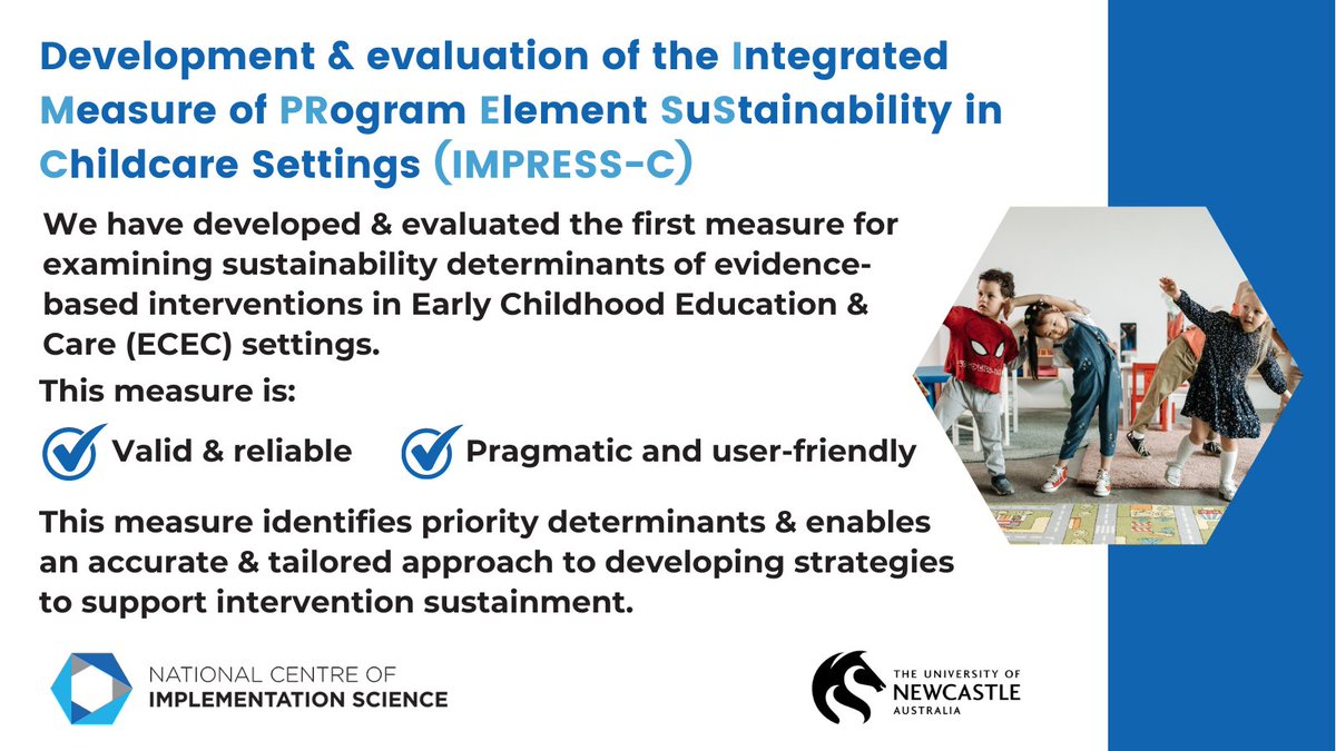 National Centre of Implementation Science (NCOIS) (@ncoisaustralia) on Twitter photo 🚨New publication! 🚨 New robust and user-friendly measure developed by <a href="/adamjsmith_92/">Adam Shoesmith</a> & team for examining #sustainability determinants of EBIs in ECEC settings.
Read more about the development, evaluation and usability of the IMPRESS-C measure 👉 bit.ly/3KTT30n 🚨New publication! 🚨 New robust and user-friendly measure developed by <a href="/adamjsmith_92/">Adam Shoesmith</a> & team for examining #sustainability determinants of EBIs in ECEC settings.
Read more about the development, evaluation and usability of the IMPRESS-C measure 👉 bit.ly/3KTT30n