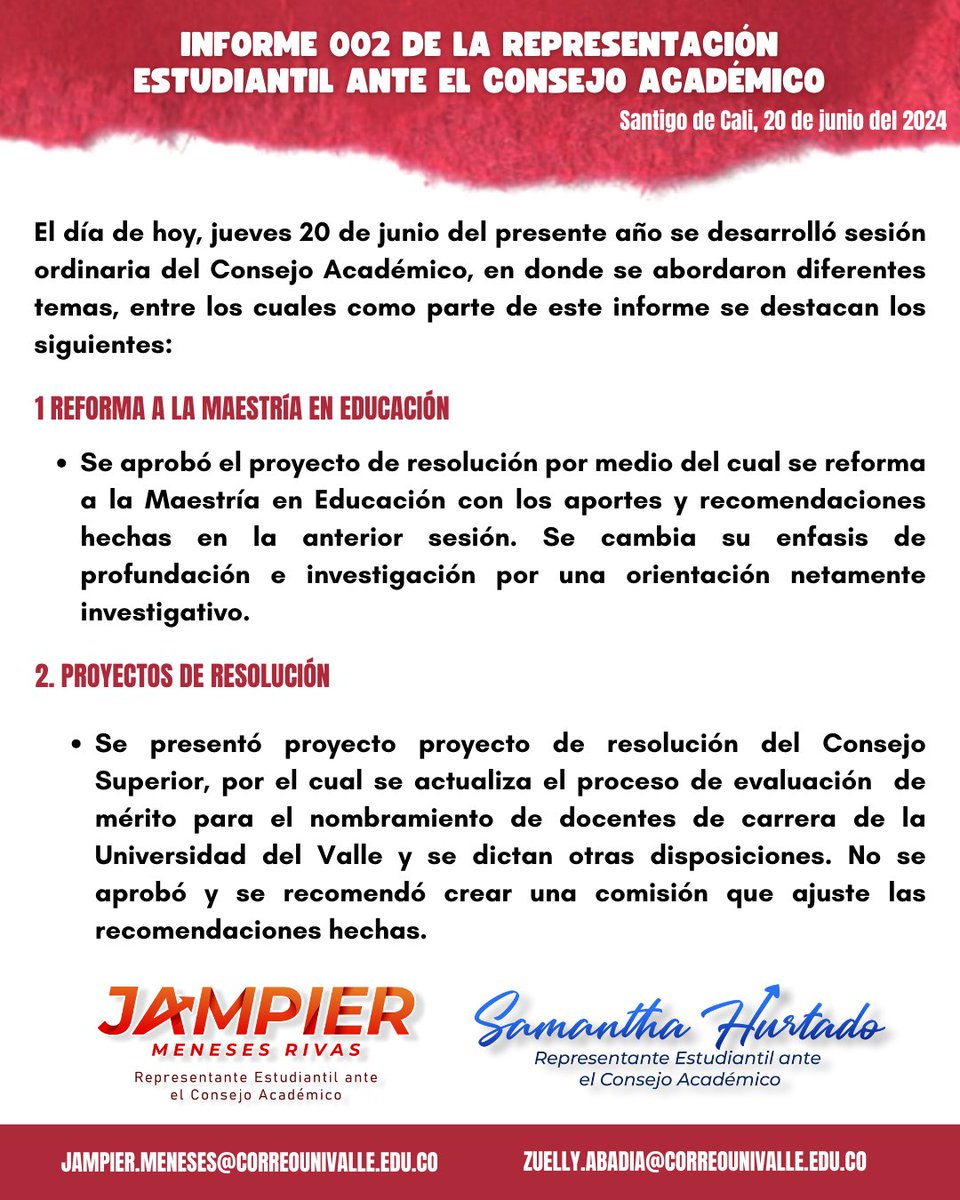 UnivalleAvanza's tweet photo. Informe 002 de la Representación Estudiantil ante el Consejo Académico https://t.co/hbprMjXziO