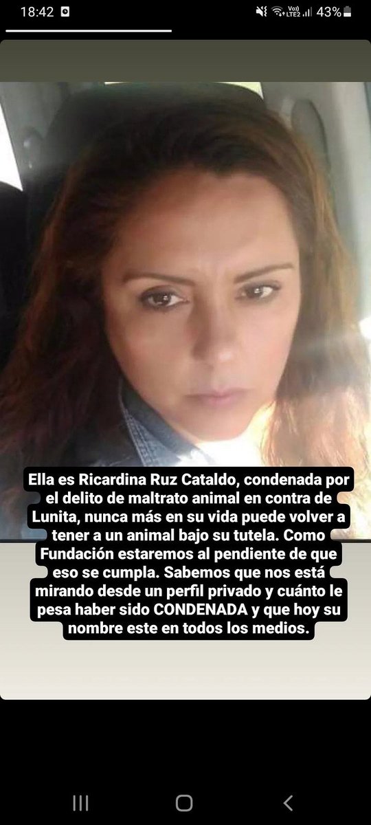 RECUERDE SU ROSTRO 
Ricardina Ruz Cataldo condenada por maltrato animal contra Lunita 🐈
La dejó abandonada en una calle y presenció como los perros la mataban, teniendo la oportunidad de hacer algo. Ella no puede tener animales en su inmunda vida. 
DIFUNDIR!!!