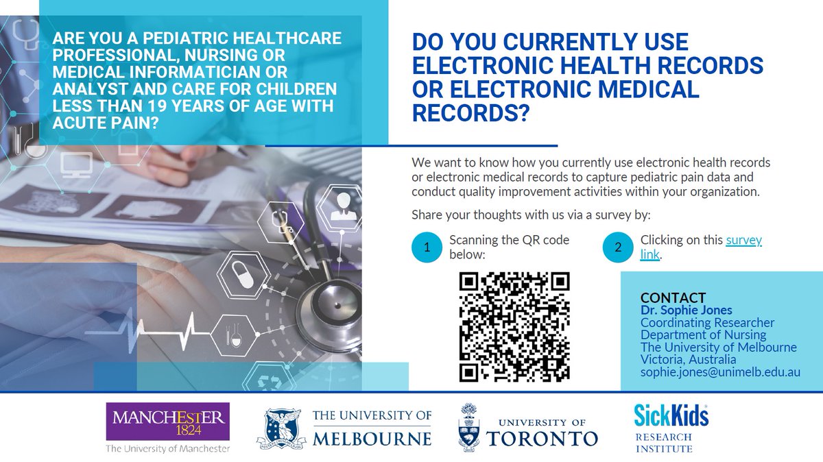 Are you a healthcare professional who works with children in pain? 
<a href="/UoM_Nursing/">Nursing - University of Melbourne</a> researchers <a href="/dharrisonCHEO/">@Prof_DeniseHarrison</a>, <a href="/NickyPope16/">Dr Nicole Pope</a> and Sophie Jones would like to hear from you for their international study. 
📄 go.unimelb.edu.au/4vo8