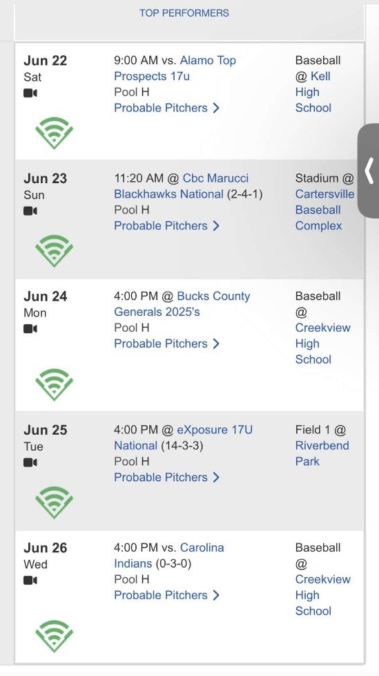 Schedule for the PG 17U WWBA this week. Looking forward to a fun week of baseball. 
@ECBAstrosFrye <a href="/WHSWoodBaseball/">WHS Baseball</a> <a href="/PG_Georgia/">Perfect Game Georgia</a> <a href="/PG_Uncommitted/">PG_Uncommitted</a> @ECAstrosNavy17U