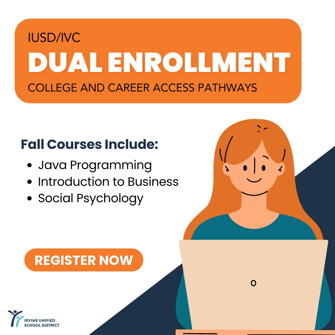 Register for IUSD/IVC's Dual Enrollment College and Career Access Pathways for the 2024-25 school year! Students in grades 9-12 can take college courses part-time and earn transferable credits. More: iusd.org/ccap2024