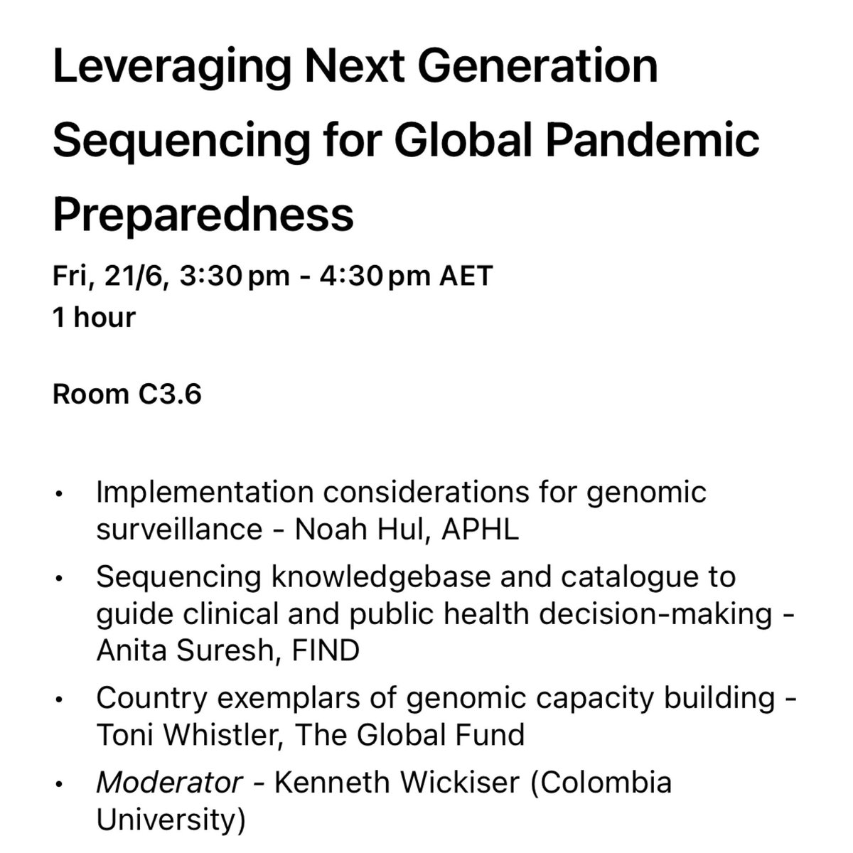As <a href="/GHS_conf/">Global Health Security 2024 (18 June - 21 June)</a> comes to a close, join us later today 3.30 pm AET for one final session on leveraging #genomics 🧬 for global pandemic preparedness based on the collective experience <a href="/APHL/">APHL</a> <a href="/NoahHull_PhD/">Noah Hull, PhD, MPH</a> <a href="/GlobalFund/">The Global Fund</a> <a href="/FINDdx/">FIND</a> #GHS2024