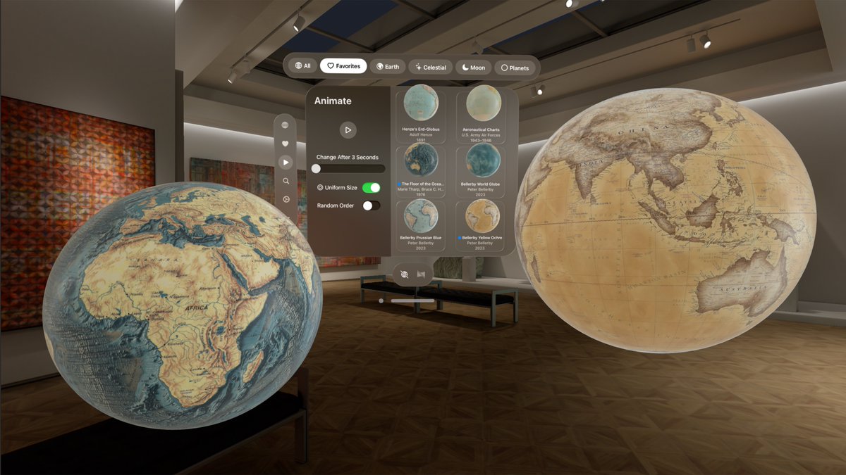 Globes 1.2 for the #AppleVisionPro can now show globes of the David Rumsey Map Center as 360°-panoramas and place multiple globes side-by-side. 
apps.apple.com/au/app/globes/…