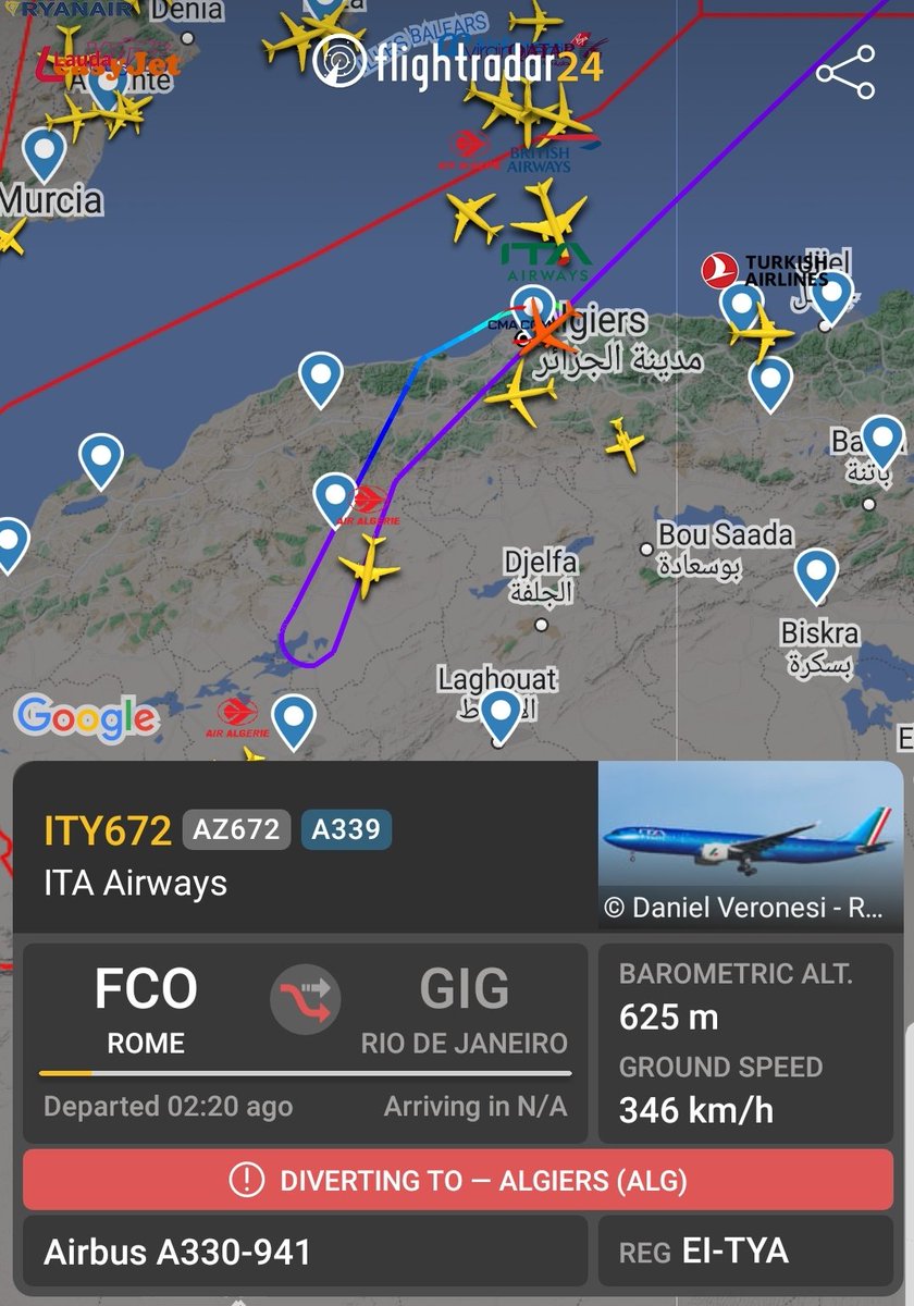 b737m's tweet image. 🚨🚨🚨 #Emergency_Landing
#Squawk alert 7700
#ITA Airways
ITY672 / AZ672
#Airbus A330-941
Reg: EI-TYA
From #Rome🇮🇹 to #RioDeJaneiro🇧🇷
Diverting to #Algiers🇩🇿

.