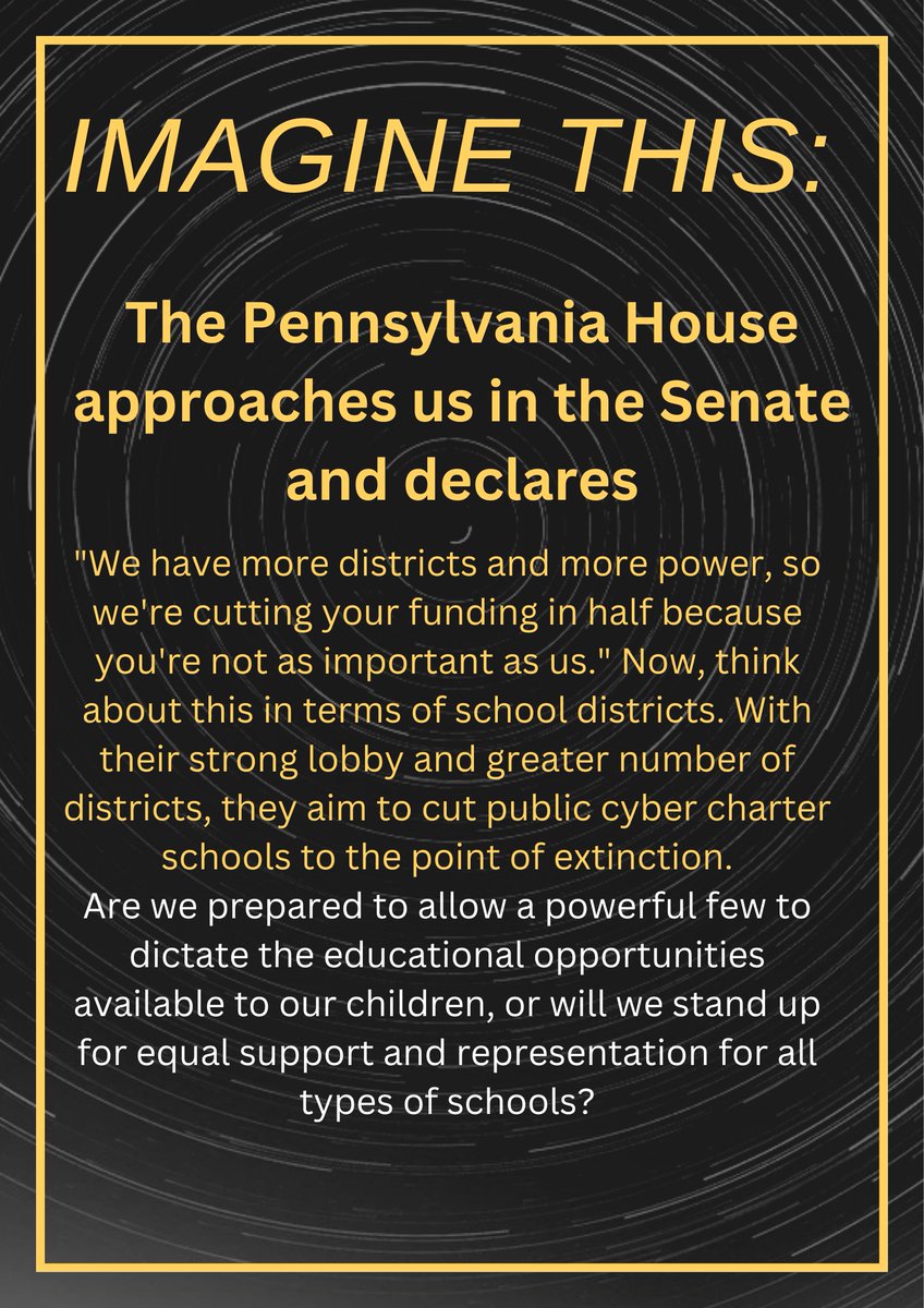 Malliard's tweet image. Are we willing to let powerful lobbies dictate the future of our children's education by cutting funding for public cyber charter schools, or will we fight for equal support and opportunity for all students? #EducationEquality #PAleg