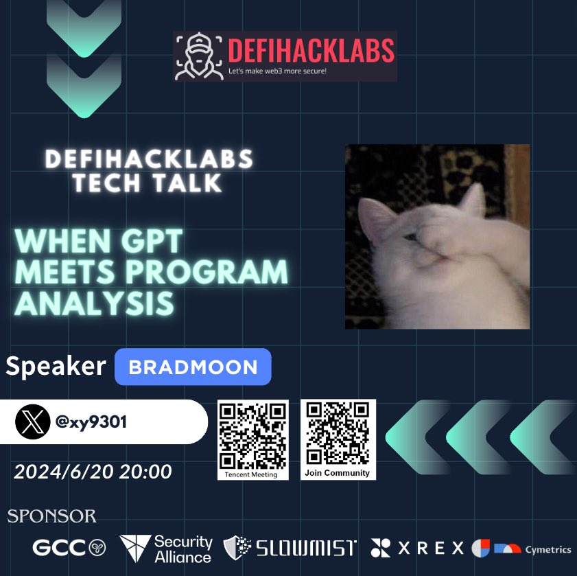 🔥Many gems in the Yesterday’s sharing by <a href="/xy9301/">BradMoon</a> 

Topic: When GPT Meets Program Analysis.

Comparing the prizes obtained from audit contests using these tools as a reference:

GPTscanV1 -> GPTscanV2 -> Trickprompt-engine

💰$300 -> $5,000 -> $71,000
👇Video (Chinese)