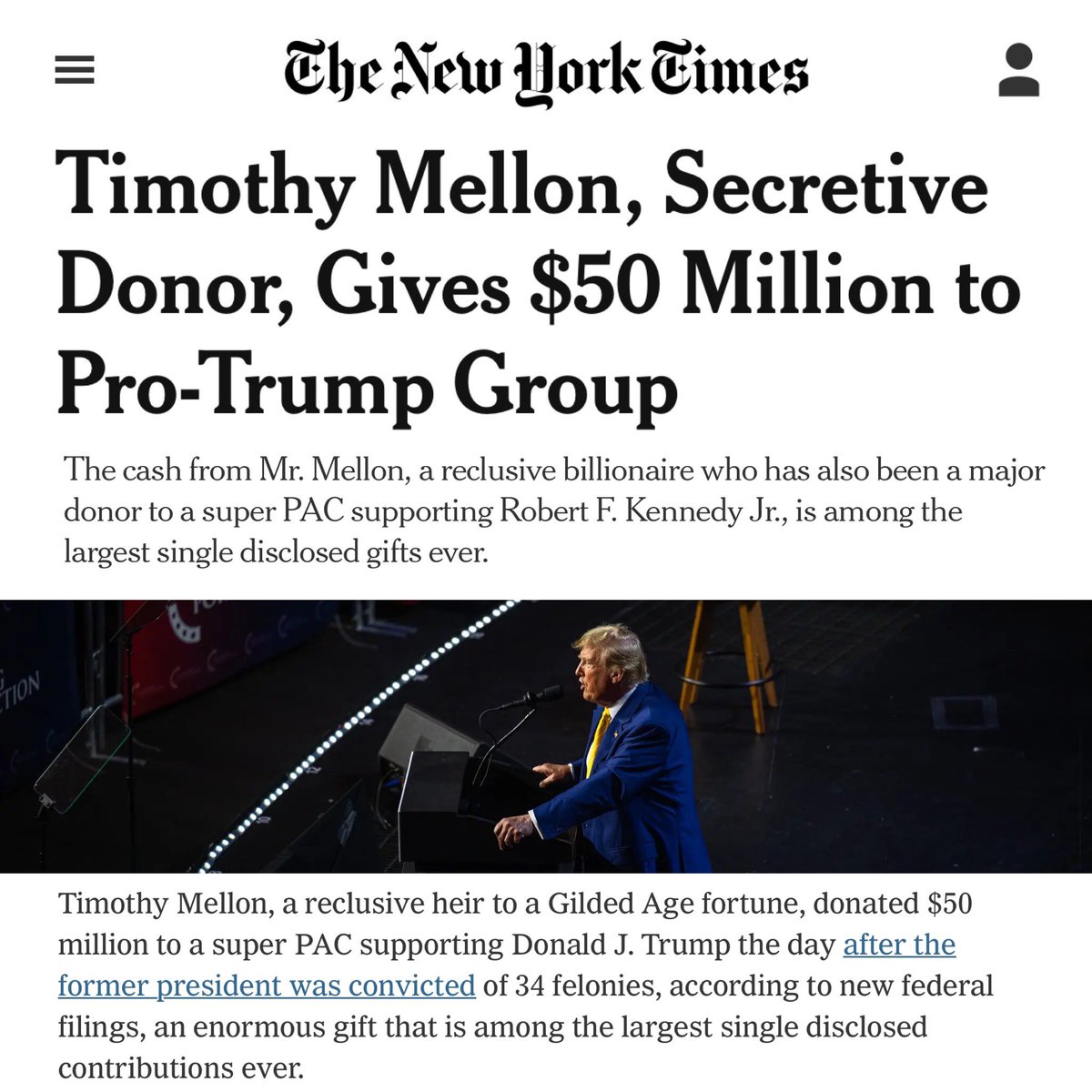 The legal maximum an individual can donate to a federal candidate is $3300.

But because our campaign finance laws are rigged to promote corruption and favor the super-rich, a billionaire can legally donate $50 million to Donald Trump.

Campaign finance reform protects Democracy.