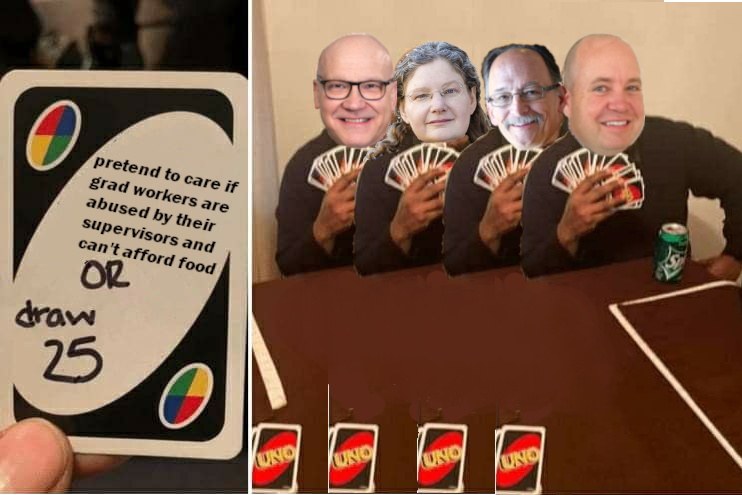 The U was 30 mins late for bargaining this morning, and still couldn't say anything besides "lol no" to our most basic of asks like "can we be notified if our appointment will end?" and "can we be protected against workplace harassment?" and "can we afford to buy food?"