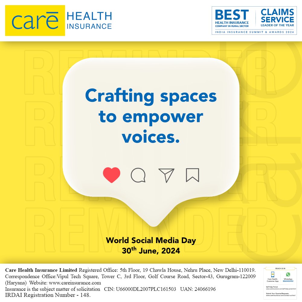careinsuranceIN's tweet photo. Where every voice finds its echo and safety shapes our digital flow. Happy World Social Media Day!

#SocialMediaDay #SocialMedia #CareHealthInsurance #HealthInsurancePolicies #FamilyHealthInsurance #AffordableHealthInsurance #Health #Care #HealthSecured https://t.co/R6FvN3gZYy