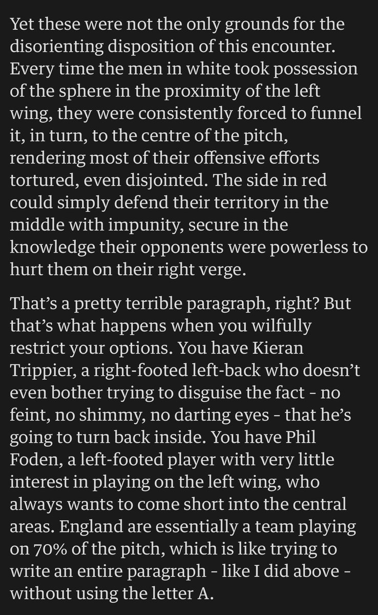 Jonathan Liew van The Guardian is mijn favoriete Engelse voetbalschrijver.

Dit deed-ie in zijn deadlinestuk van gisteravond. Briljant in zijn genre.